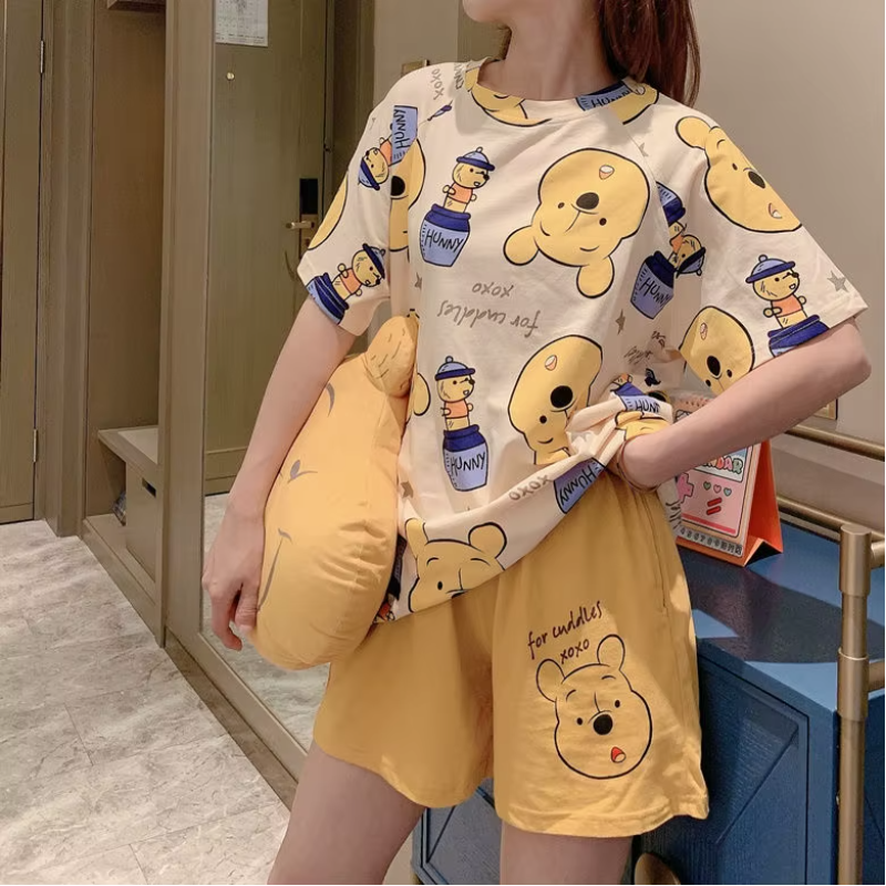 Cartoon Pooh Bear Print Thin Short-Sleeved Shorts Loose Top Pajamas Set